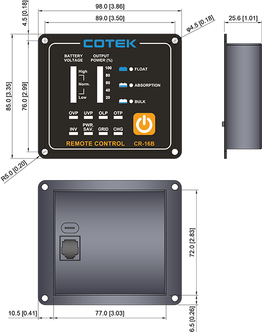 Mechanical drawing with specs for the COTEK CR-16B. For more detail information, see the the manual located in the document(s) tab above.
